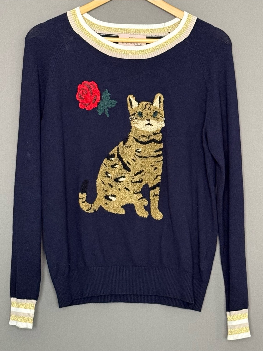 Folk by Hansel From Basel Ginger Cat Rose Embroidered Sweater Women Navy M Twee